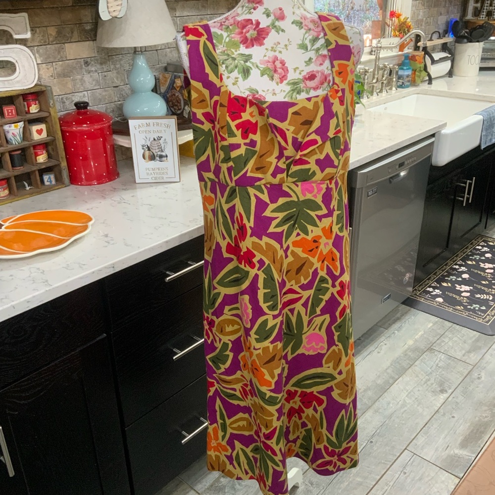 Talbots Vintage Linen Blend Sheath Dress Size 16 Sleeveless Colorful Leaf Print